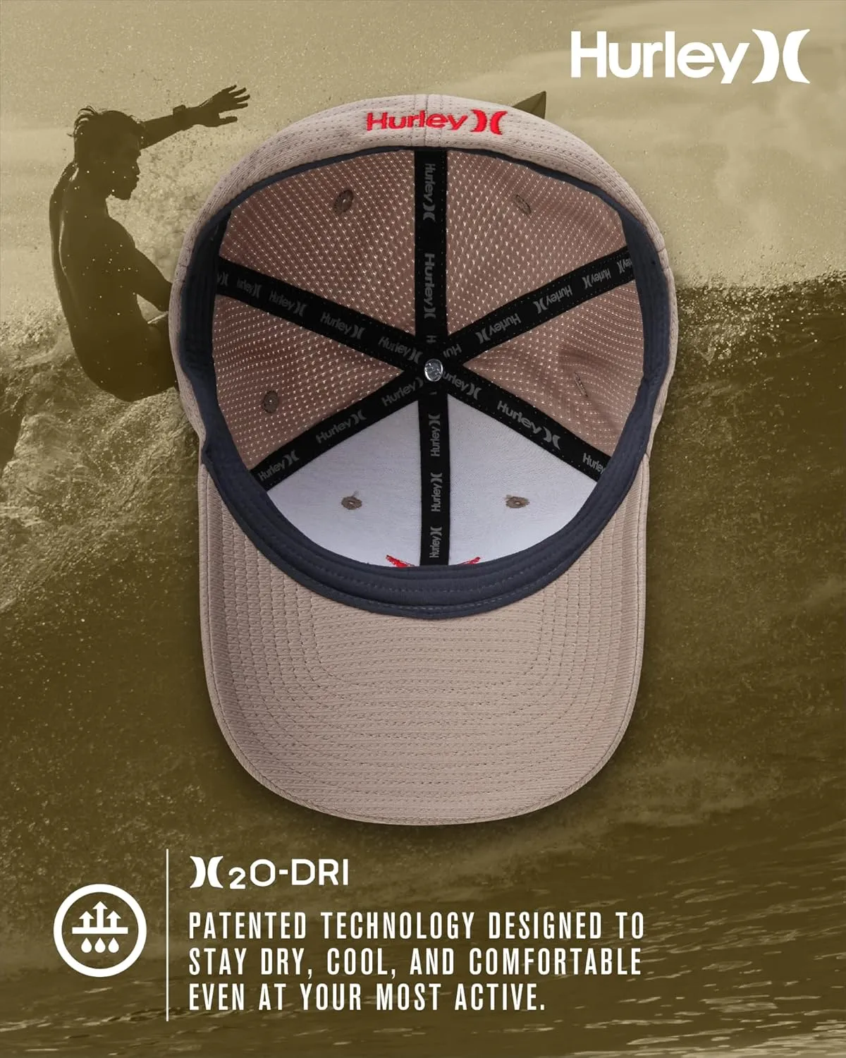 Hurley Men's Baseball Cap  Lightweight Curved Bill H2O Dri Fitted Caps for Men