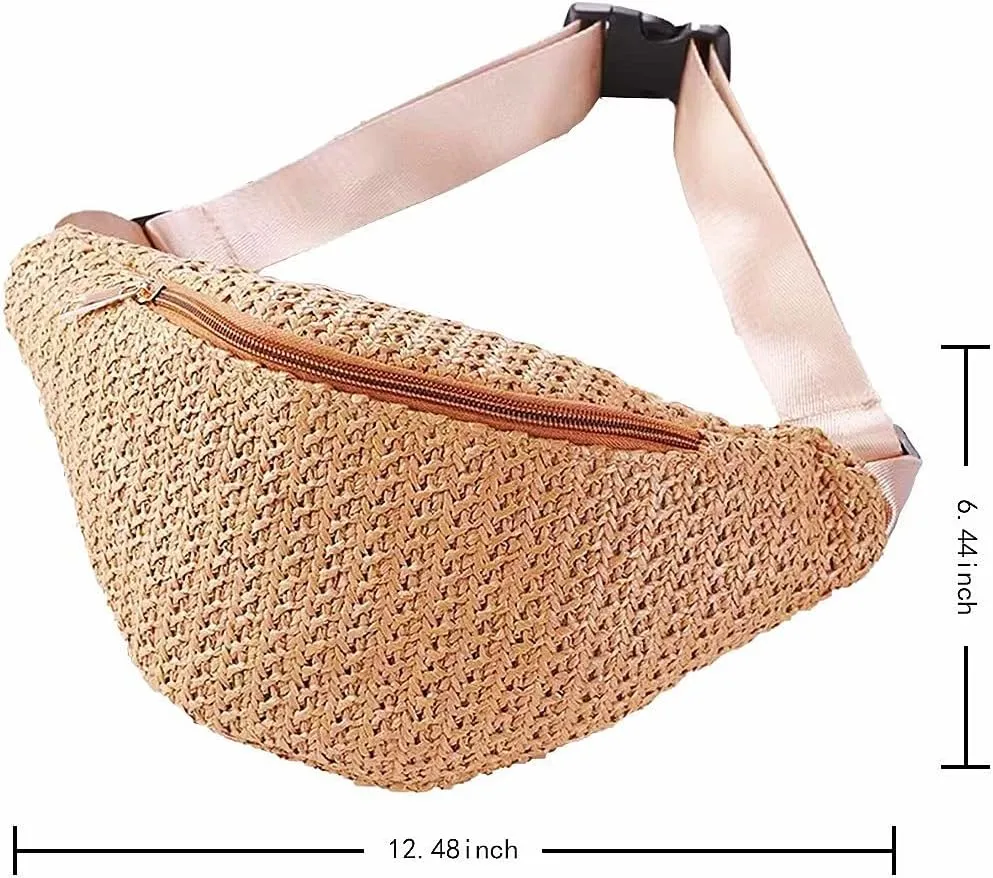 IAMUHI Straw Woven Fanny Pack Cross Chest Shoulder Handbag Purse Handwoven Beach Bag,Khaki