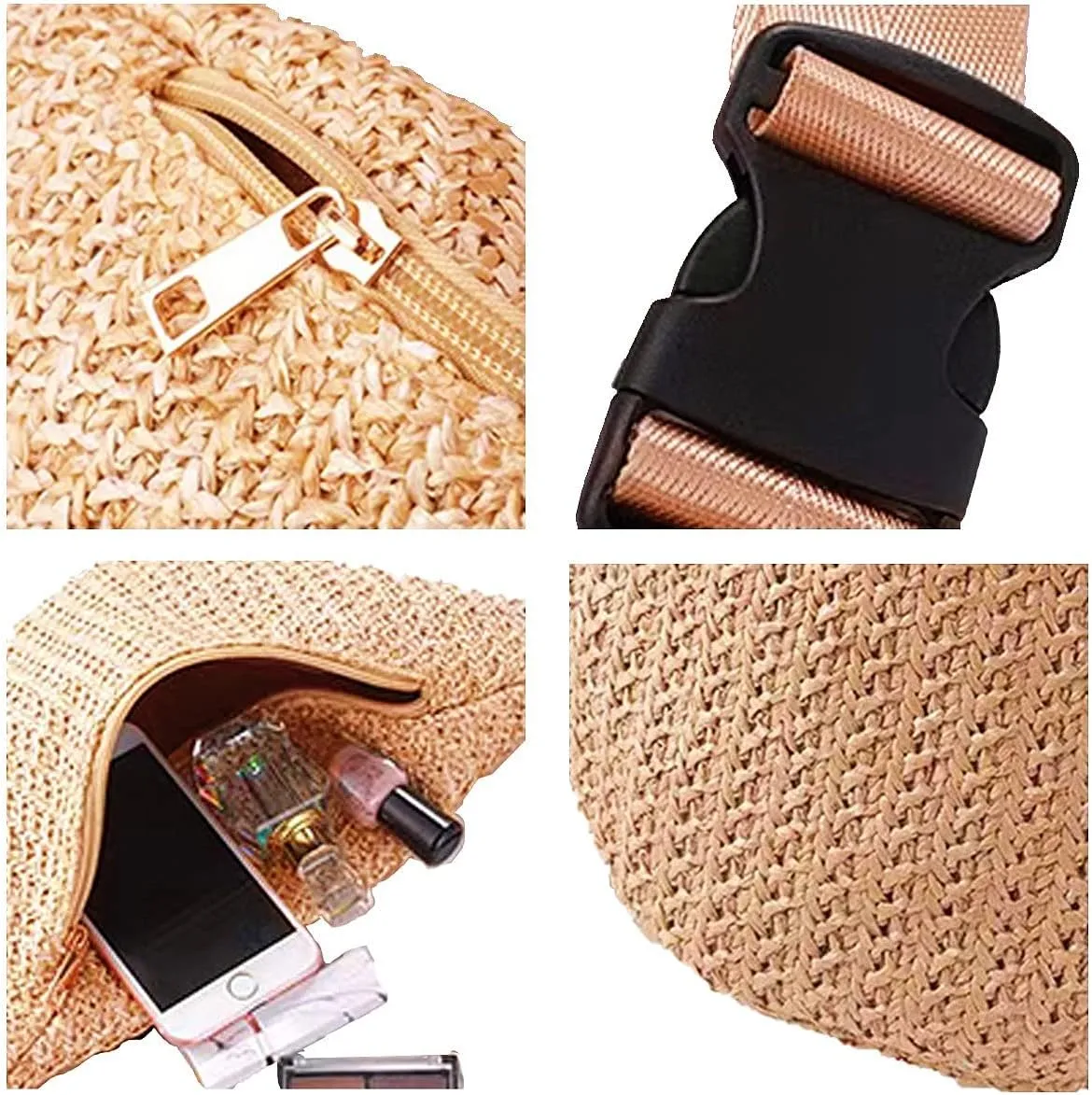 IAMUHI Straw Woven Fanny Pack Cross Chest Shoulder Handbag Purse Handwoven Beach Bag,Khaki