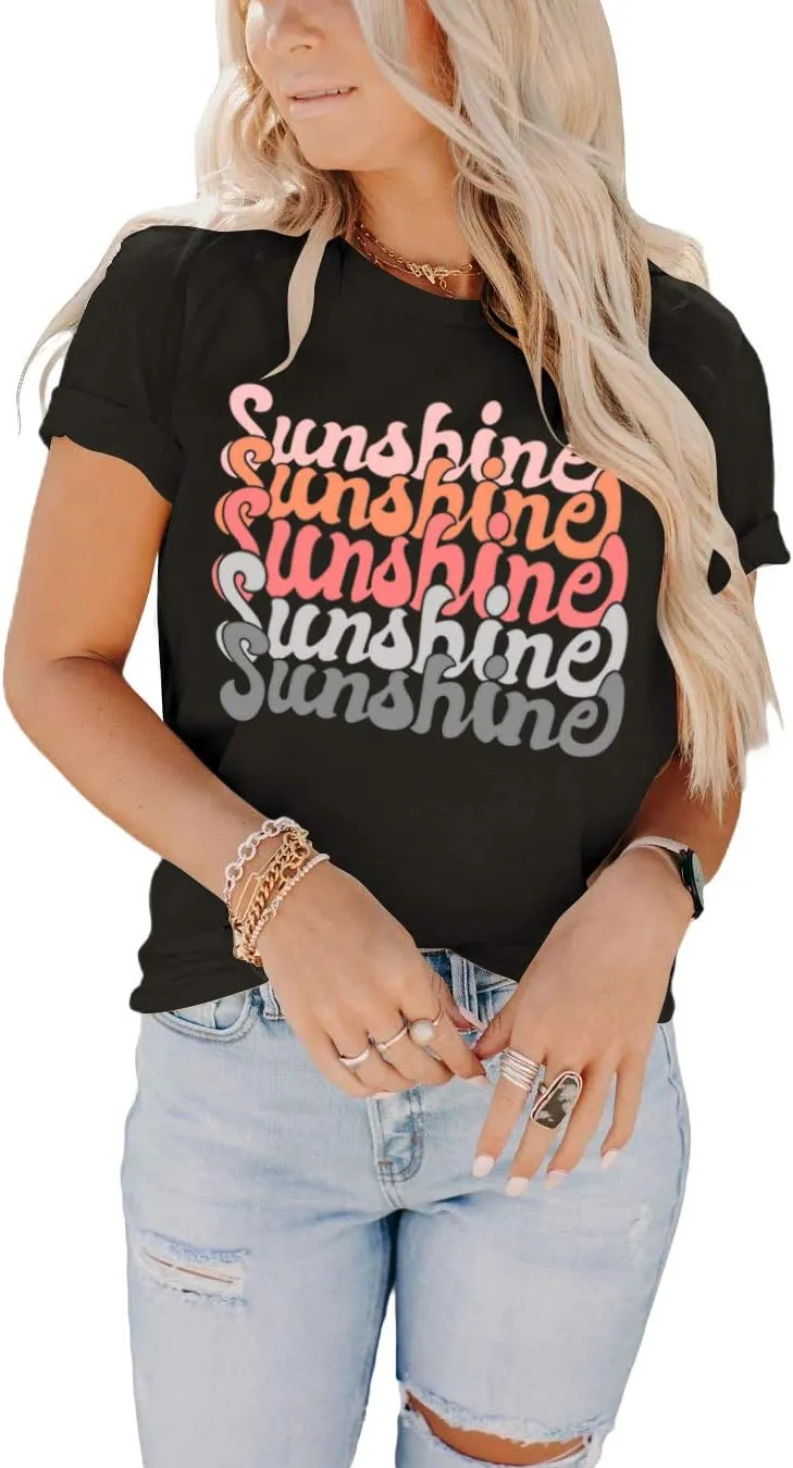 INFITTY Womens Funny Letters Print T Shirts Short Sleeve Shirts Cute Sunshine Graphic Tees Summer Casual Loose Tops