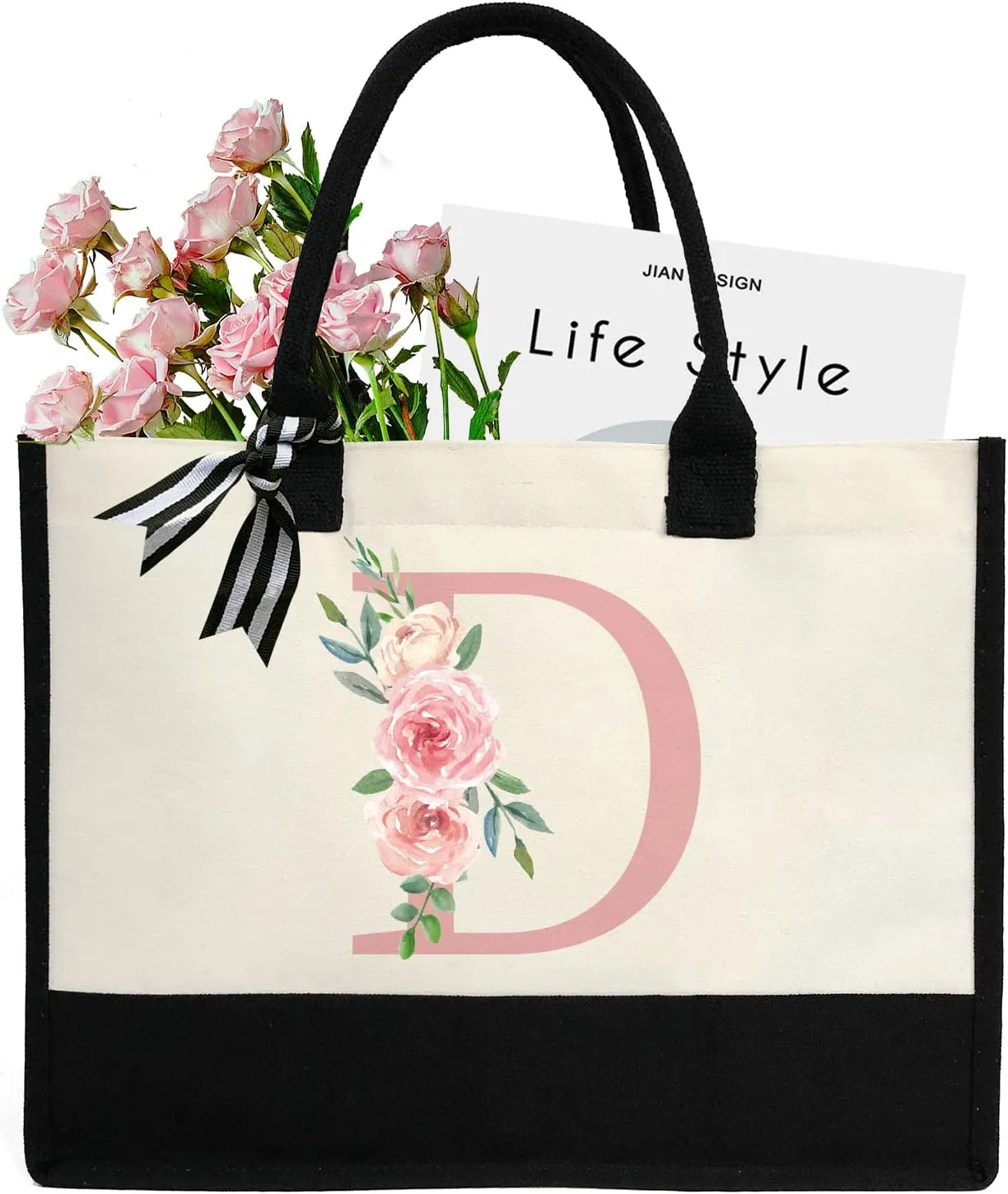 Initial Canvas Tote Bag for Women, Beach Bag with Inner Zipper Pocket Personalized Gifts for Wedding, Birthday