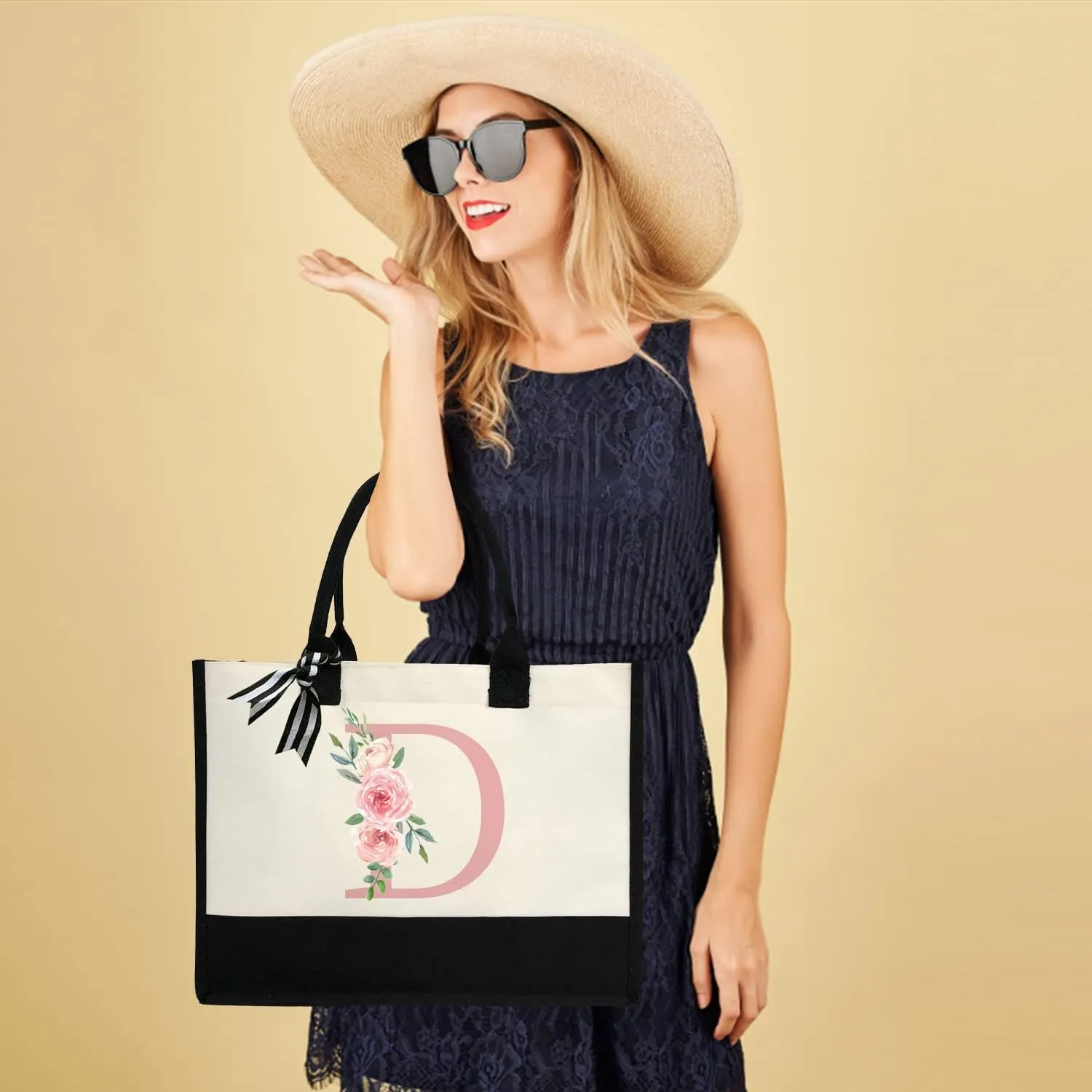 Initial Canvas Tote Bag for Women, Beach Bag with Inner Zipper Pocket Personalized Gifts for Wedding, Birthday