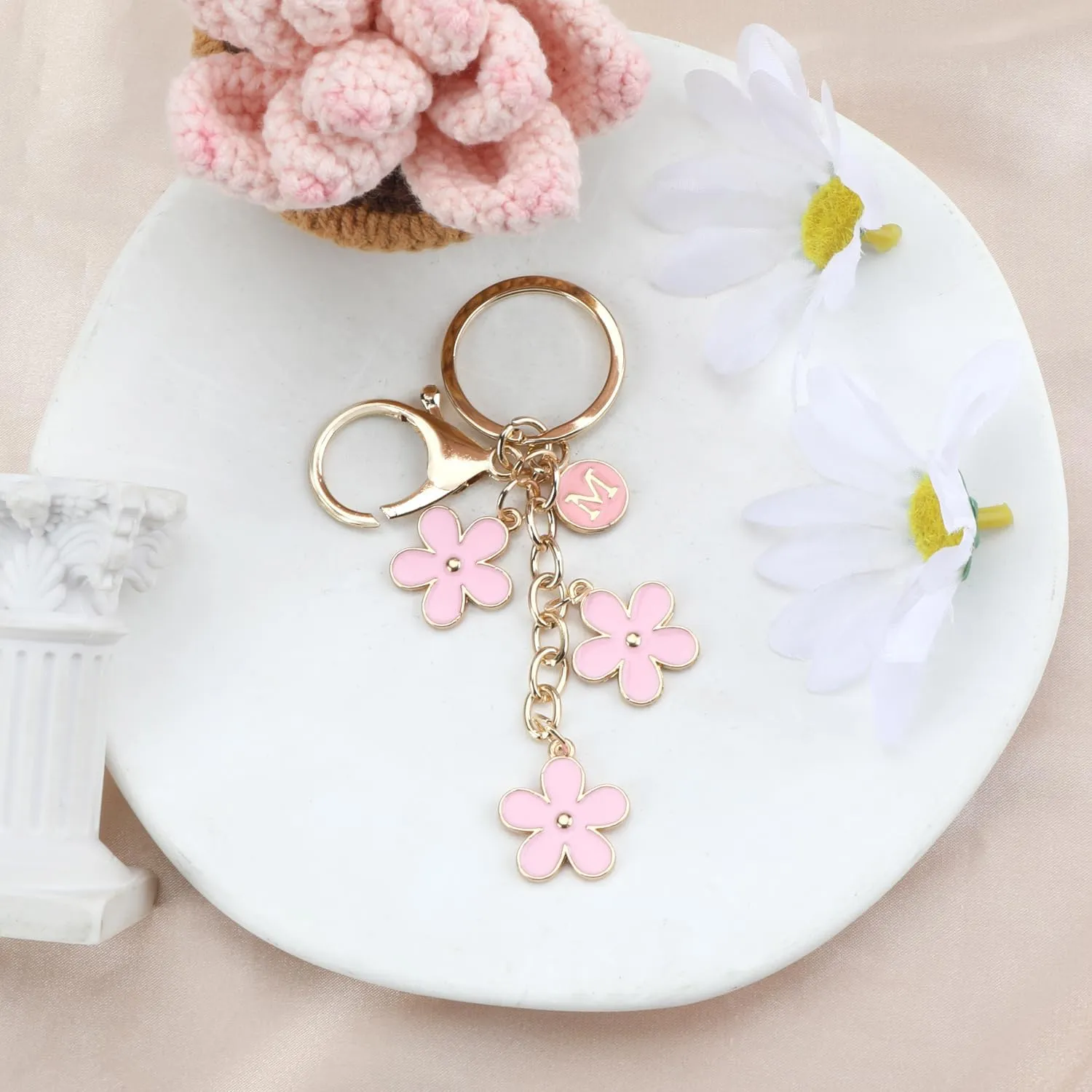 Initial Keychains Personalized Letter Keyring Pink Flower Key Charm for Bag Cute Keychains for Women