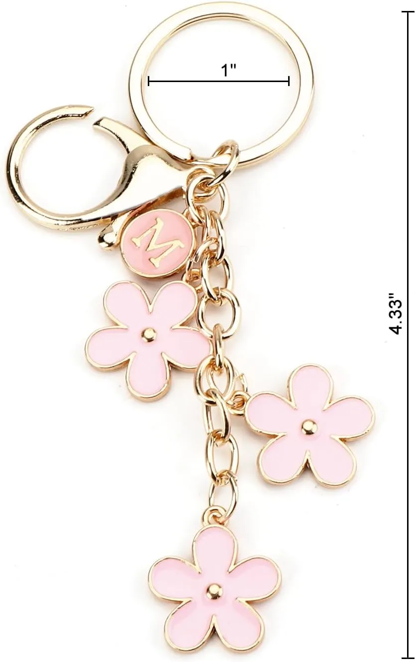 Initial Keychains Personalized Letter Keyring Pink Flower Key Charm for Bag Cute Keychains for Women