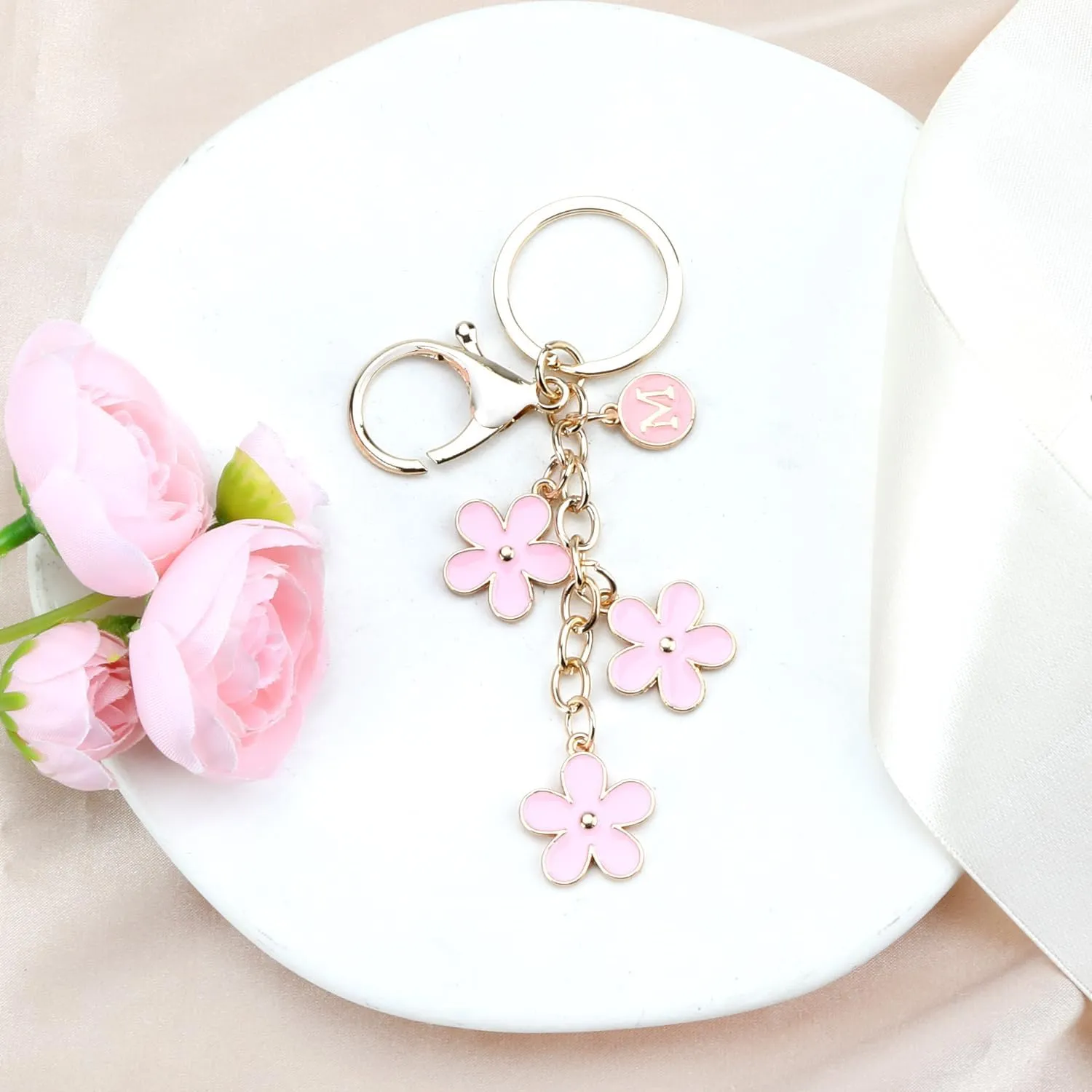 Initial Keychains Personalized Letter Keyring Pink Flower Key Charm for Bag Cute Keychains for Women