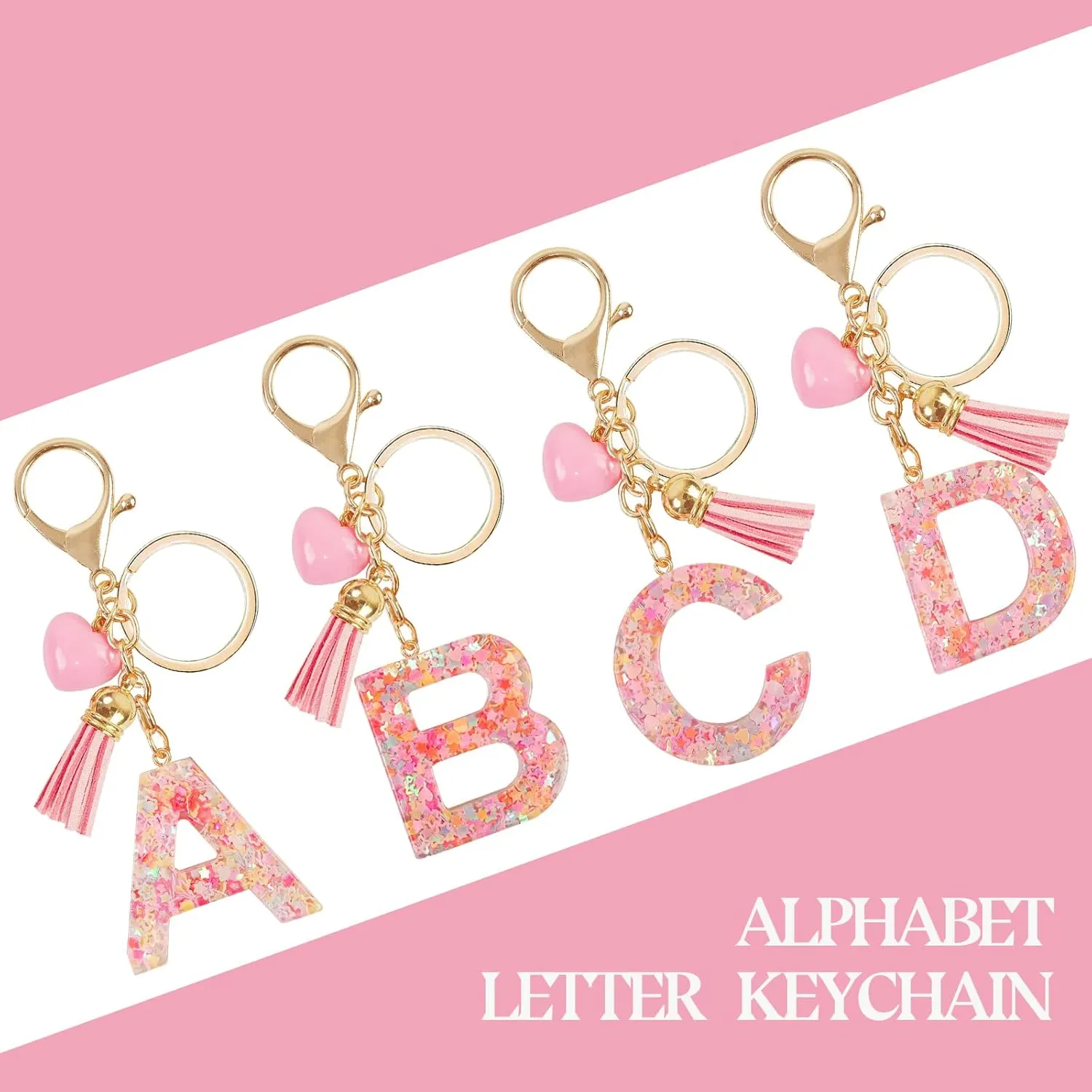 Initial letter Keychains for Women Girls Valentine's Day Key Chain Tassel Pink Hearted Charm Cute Car Keychain
