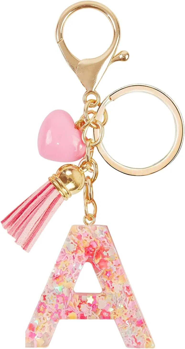 Initial letter Keychains for Women Girls Valentine's Day Key Chain Tassel Pink Hearted Charm Cute Car Keychain