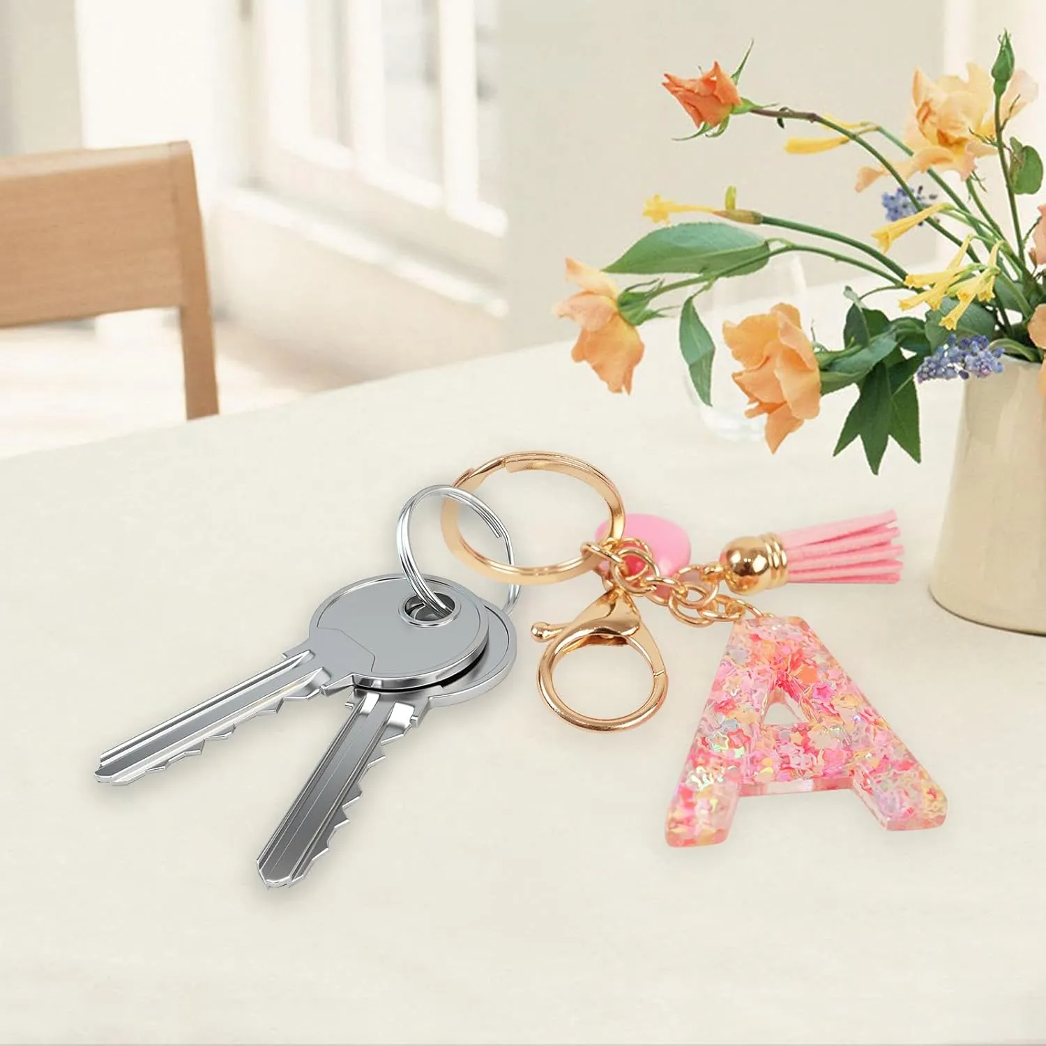 Initial letter Keychains for Women Girls Valentine's Day Key Chain Tassel Pink Hearted Charm Cute Car Keychain