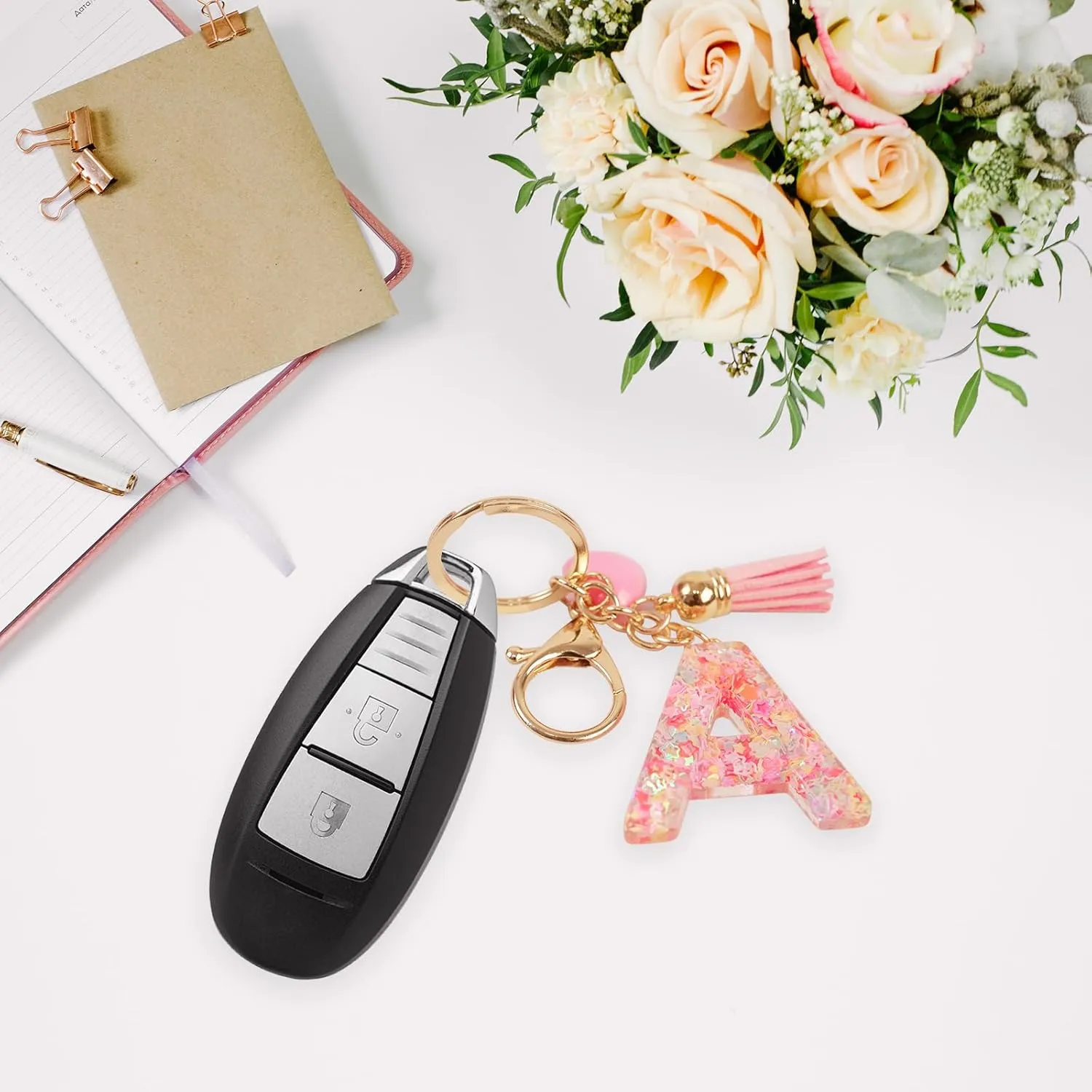 Initial letter Keychains for Women Girls Valentine's Day Key Chain Tassel Pink Hearted Charm Cute Car Keychain