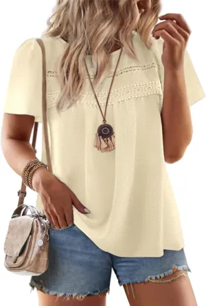 IN'VOLAND Plus Size Womens Summer Tops Crewneck Short Sleeve Shirts Lace Crochet Casual Chiffon Boho Blouses