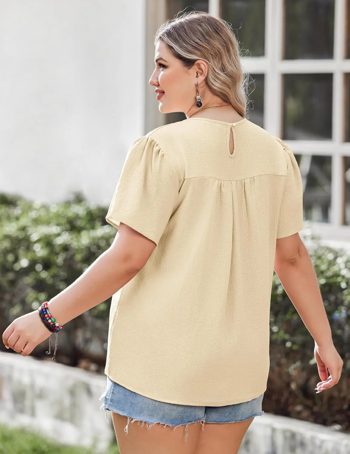 IN'VOLAND Plus Size Womens Summer Tops Crewneck Short Sleeve Shirts Lace Crochet Casual Chiffon Boho Blouses