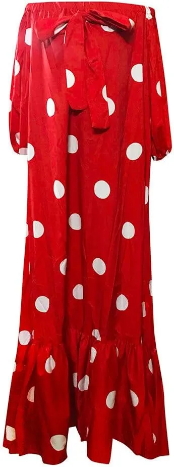 iQKA Women Off Shoulder Polka Dot Printed Maxi Dress Plus Size Summer Ruffle Bow Long Dress