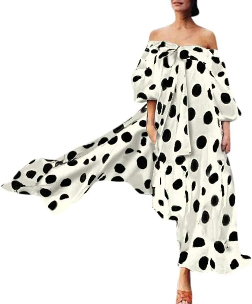 iQKA Women Off Shoulder Polka Dot Printed Maxi Dress Plus Size Summer Ruffle Bow Long Dress