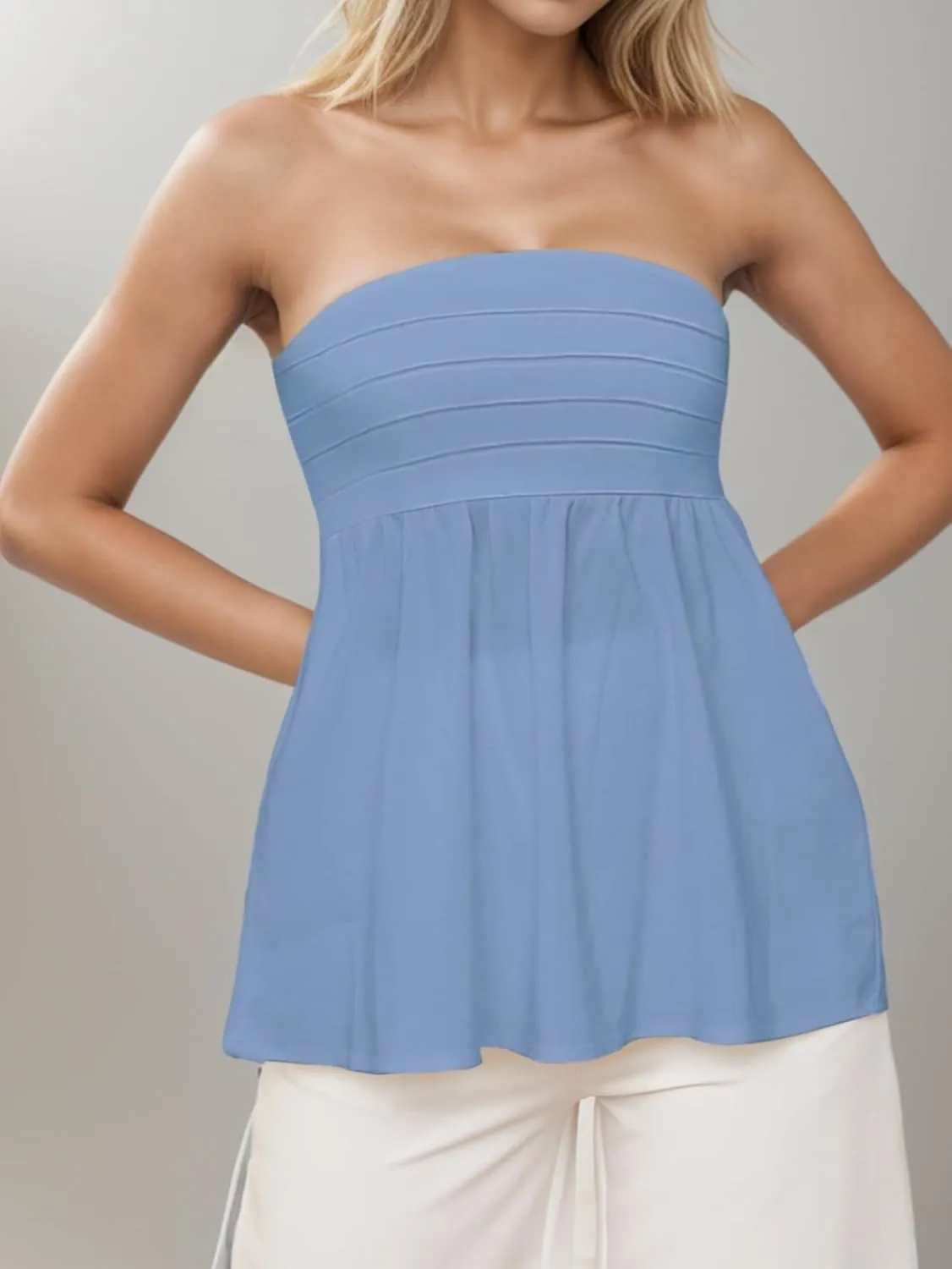 Jenbou Women Strapless Bandeau Tube Top Ruffle Hem Off Shoulder Sleeveless Peplum Flowy Blouse Shirt Summer Going Out Tanks