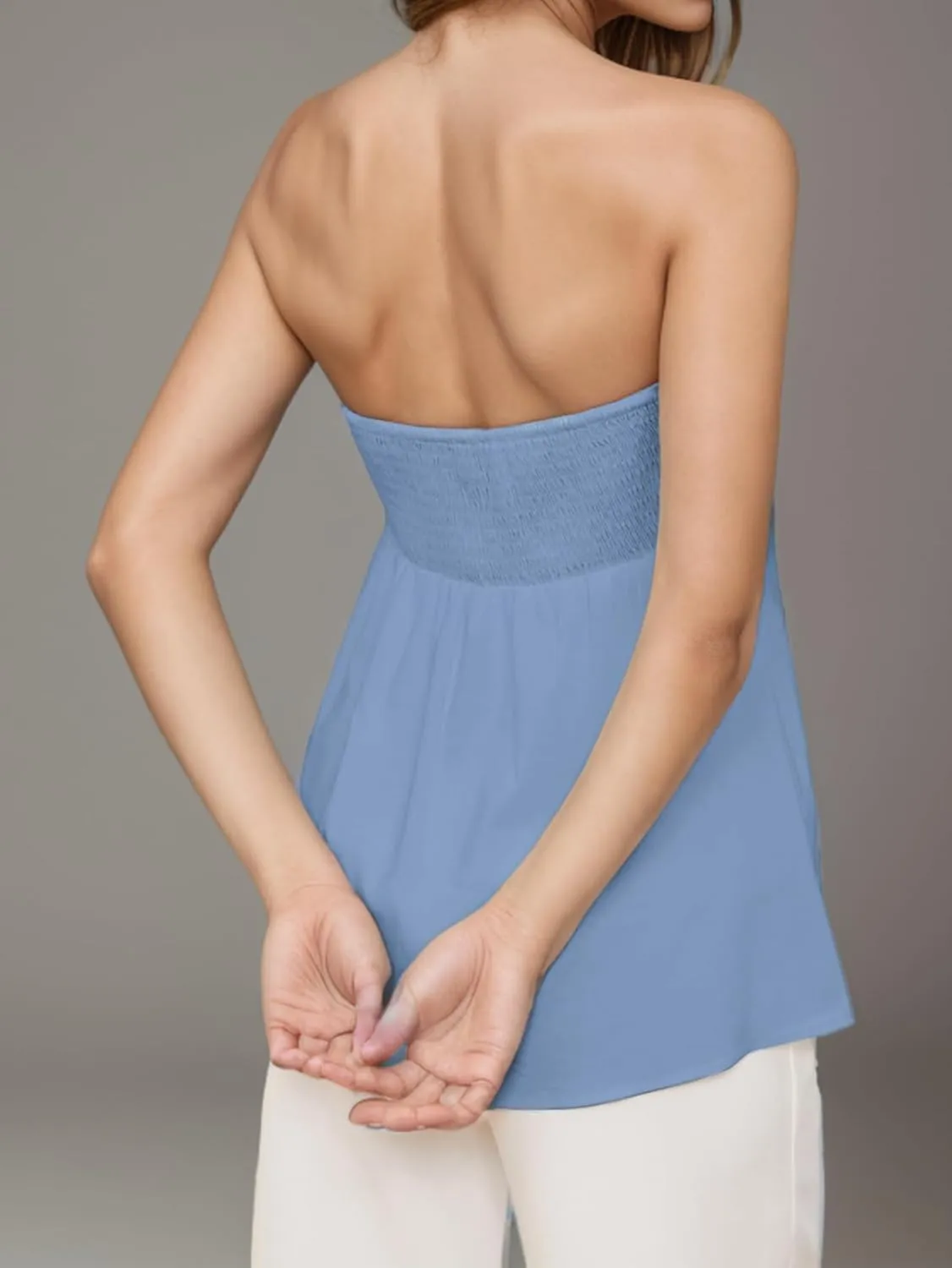 Jenbou Women Strapless Bandeau Tube Top Ruffle Hem Off Shoulder Sleeveless Peplum Flowy Blouse Shirt Summer Going Out Tanks