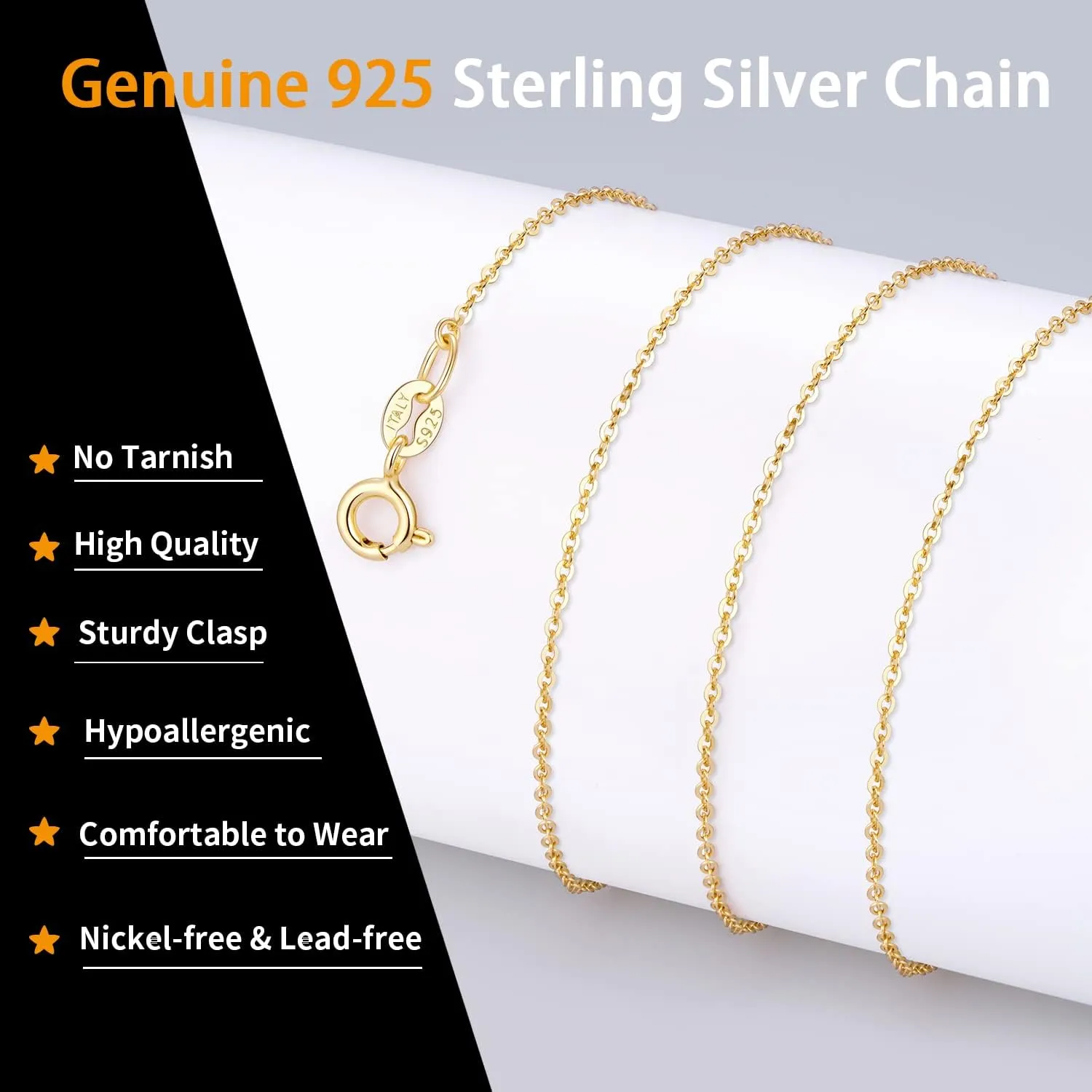 Jewlpire Solid 18k Gold Over 925 Sterling Silver Chain Necklace for Women, 1.3mm Round Cable Chain Necklace Thin & Dainty & Sturdy Women's Chain Necklaces 16/17/18/20/22/24 Inch