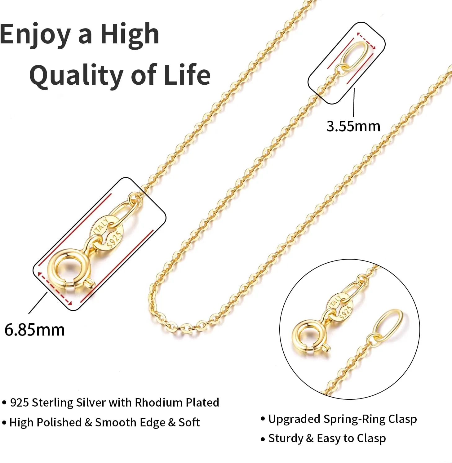 Jewlpire Solid 18k Gold Over 925 Sterling Silver Chain Necklace for Women, 1.3mm Round Cable Chain Necklace Thin & Dainty & Sturdy Women's Chain Necklaces 16/17/18/20/22/24 Inch