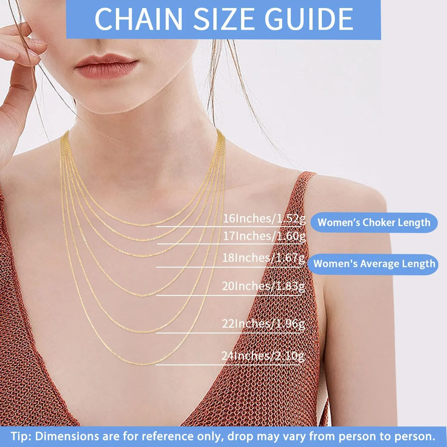 Jewlpire Solid 18k Gold Over 925 Sterling Silver Chain Necklace for Women, 1.3mm Round Cable Chain Necklace Thin & Dainty & Sturdy Women's Chain Necklaces 16/17/18/20/22/24 Inch