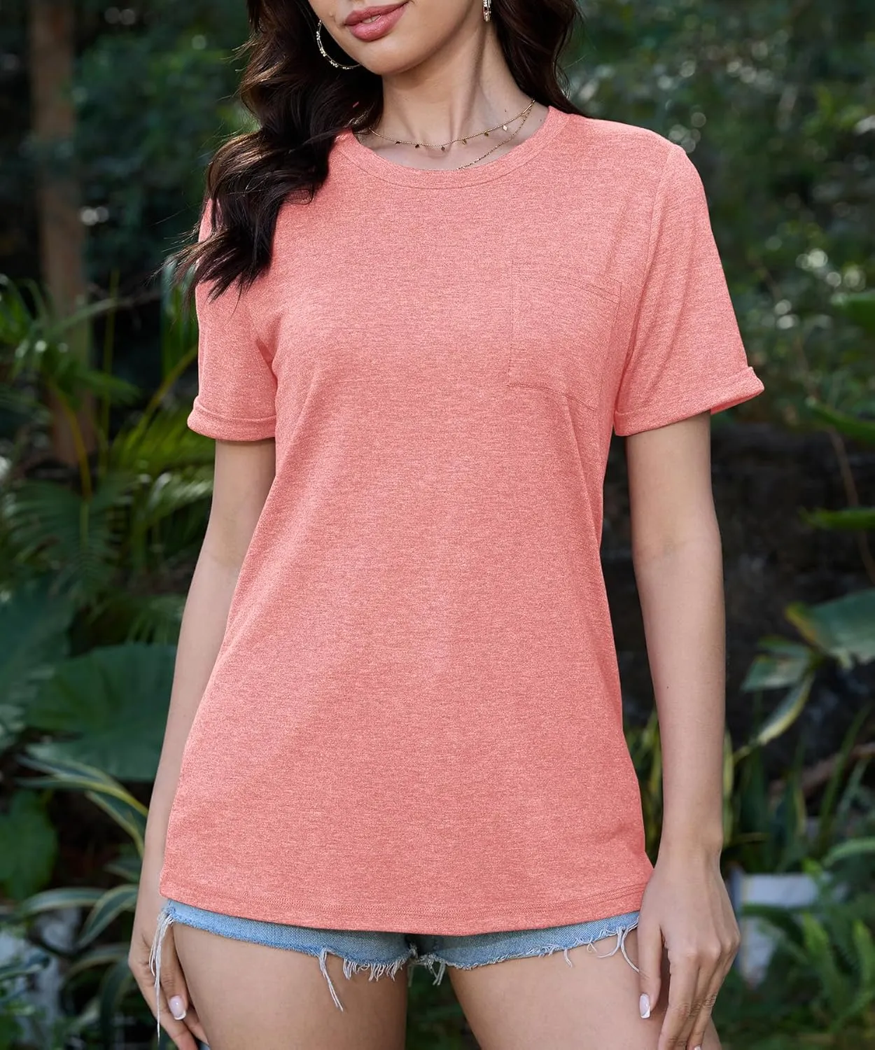 JomeDesign Womens Summer Tops Casual Short Sleeve Shirts with Pocket Lightweight Crew Neck Tee Classic Fit