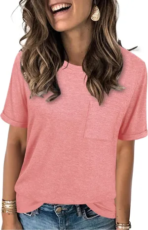 JomeDesign Womens Summer Tops Casual Short Sleeve Shirts with Pocket Lightweight Crew Neck Tee Classic Fit