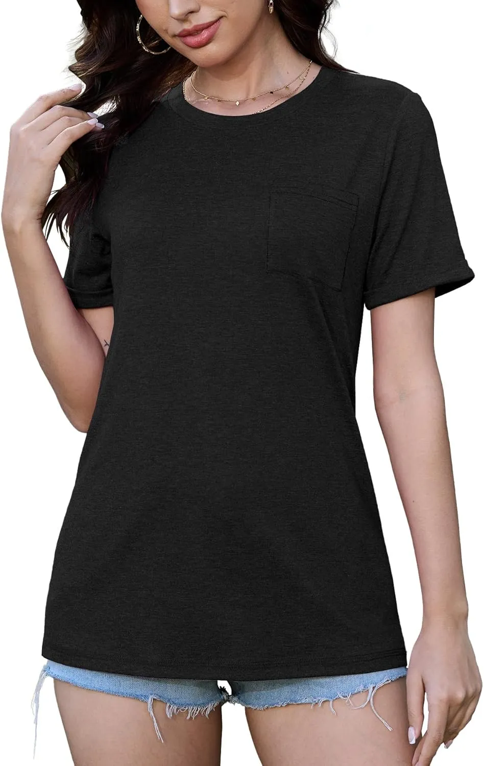 JomeDesign Womens Summer Tops Casual Short Sleeve Shirts with Pocket Lightweight Crew Neck Tee Classic Fit