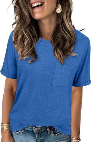 JomeDesign Womens Summer Tops Casual Short Sleeve Shirts with Pocket Lightweight Crew Neck Tee Classic Fit