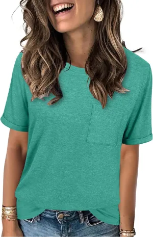 JomeDesign Womens Summer Tops Casual Short Sleeve Shirts with Pocket Lightweight Crew Neck Tee Classic Fit