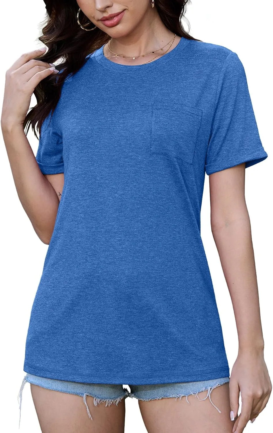 JomeDesign Womens Summer Tops Casual Short Sleeve Shirts with Pocket Lightweight Crew Neck Tee Classic Fit