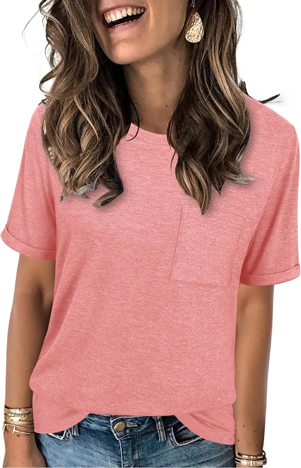 JomeDesign Womens Summer Tops Casual Short Sleeve Shirts with Pocket Lightweight Crew Neck Tee Classic Fit