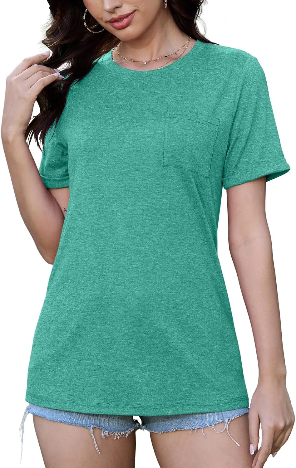 JomeDesign Womens Summer Tops Casual Short Sleeve Shirts with Pocket Lightweight Crew Neck Tee Classic Fit