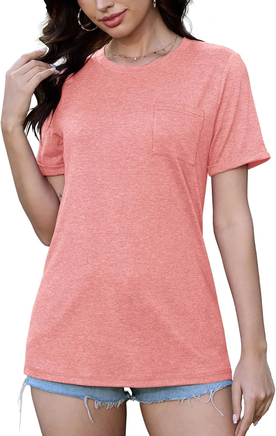JomeDesign Womens Summer Tops Casual Short Sleeve Shirts with Pocket Lightweight Crew Neck Tee Classic Fit