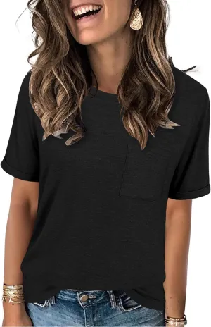 JomeDesign Womens Summer Tops Casual Short Sleeve Shirts with Pocket Lightweight Crew Neck Tee Classic Fit