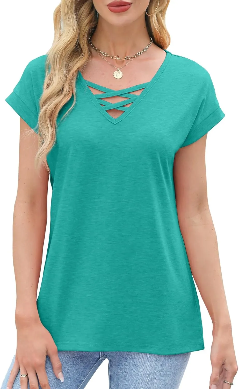 JomeDesign Womens Summer Tops Short Sleeve Shirts V Neck Tshirts Loose Casual Tunic Blouses Criss Cross Tees