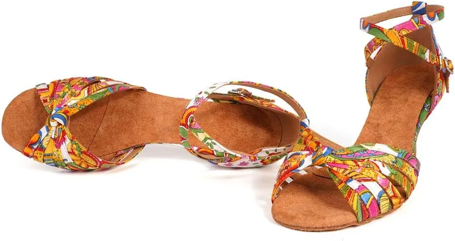 JUODVMP Women's Dance Shoes Colorful Satin Cross-Strap Ballroom Heels Model L354