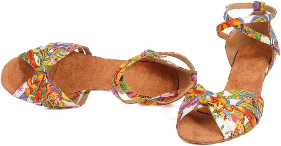 JUODVMP Women's Dance Shoes Colorful Satin Cross-Strap Ballroom Heels Model L354
