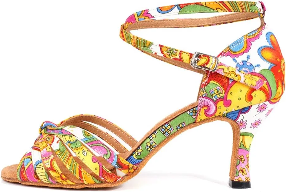JUODVMP Women's Dance Shoes Colorful Satin Cross-Strap Ballroom Heels Model L354