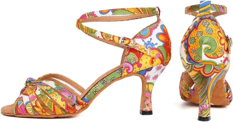 JUODVMP Women's Dance Shoes Colorful Satin Cross-Strap Ballroom Heels Model L354