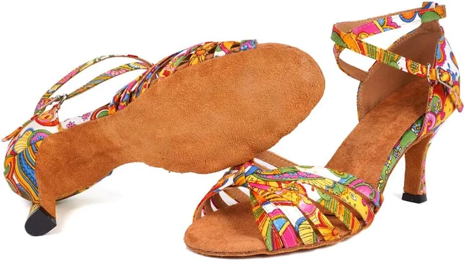JUODVMP Women's Dance Shoes Colorful Satin Cross-Strap Ballroom Heels Model L354