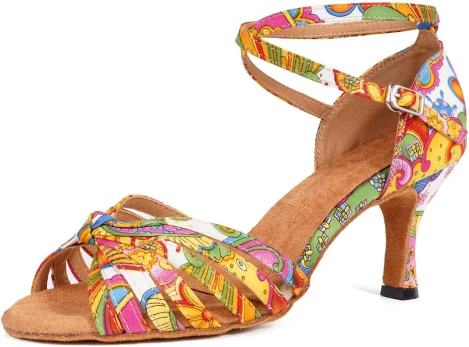 JUODVMP Women's Dance Shoes Colorful Satin Cross-Strap Ballroom Heels Model L354