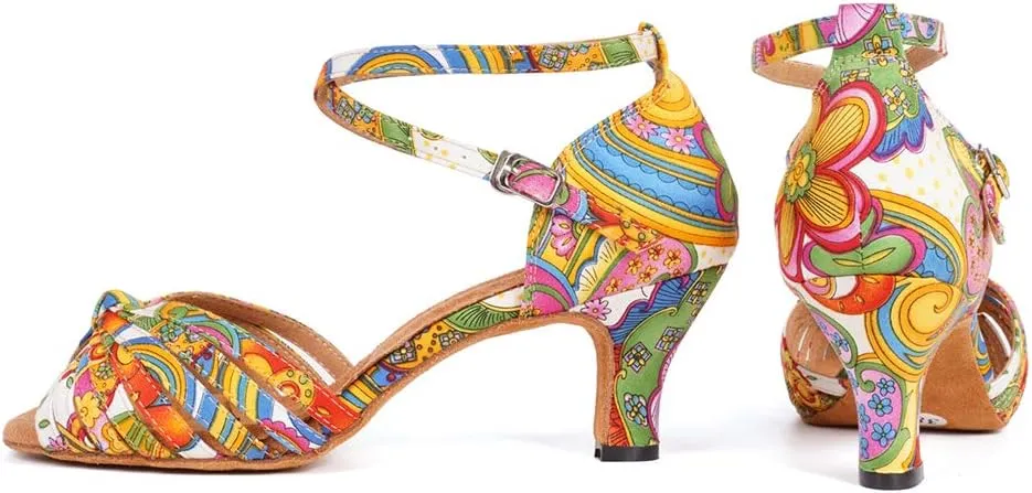 JUODVMP Women's Dance Shoes Colorful Satin Cross-Strap Ballroom Heels Model L354