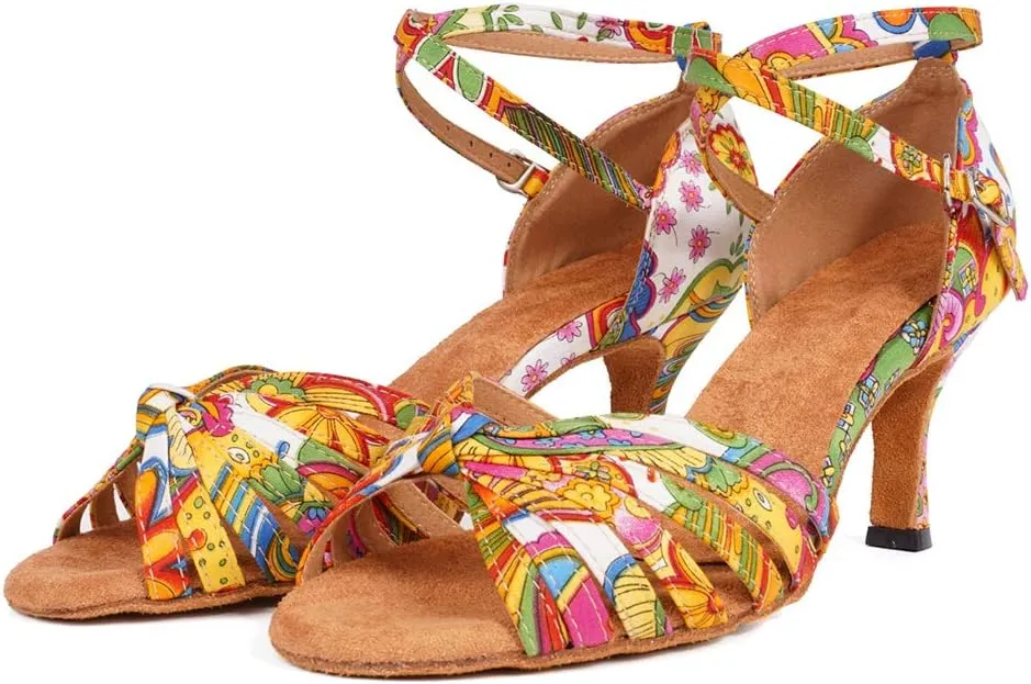JUODVMP Women's Dance Shoes Colorful Satin Cross-Strap Ballroom Heels Model L354