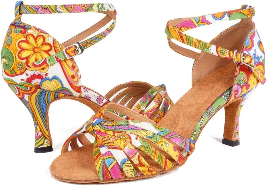 JUODVMP Women's Dance Shoes Colorful Satin Cross-Strap Ballroom Heels Model L354