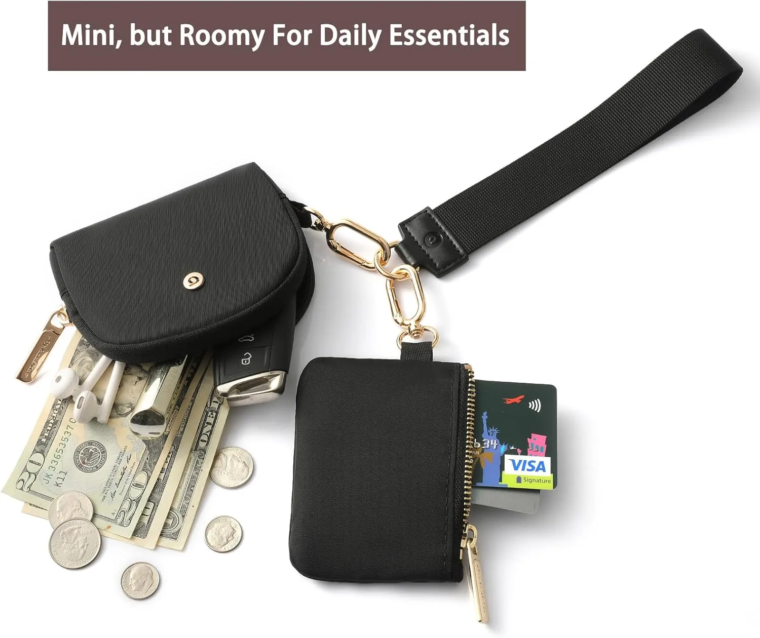 Keychain Wallet Mini Zip Around Wristlet Wallets for Women Detachable Dual Pouch Wristlet Portable Coin Purse Small Wallets With RFID Blocking (Black & Gold Hardware)