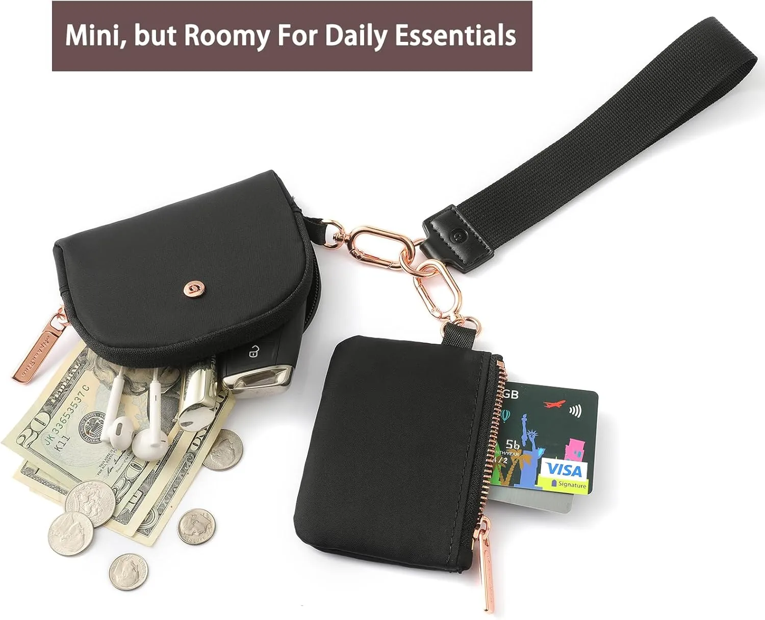 Keychain Wallet Mini Zip Around Wristlet Wallets for Women Detachable Dual Pouch Wristlet Portable Coin Purse Small Wallets With RFID Blocking (Black & Rose Gold Hardware)