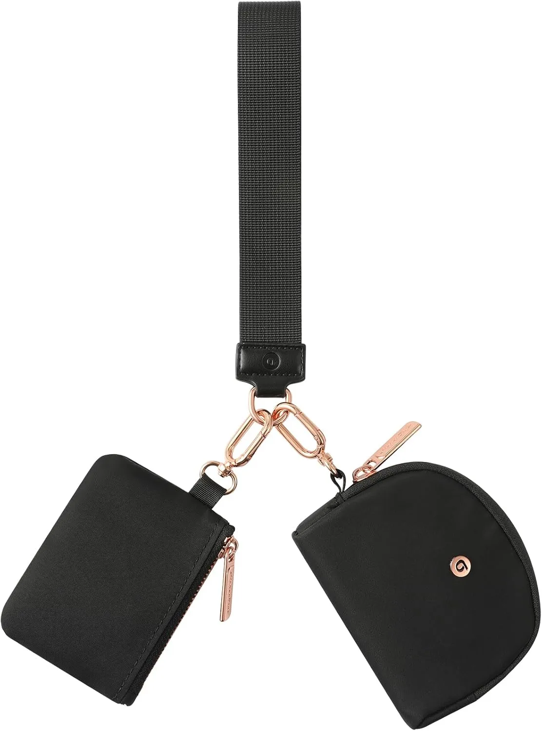 Keychain Wallet Mini Zip Around Wristlet Wallets for Women Detachable Dual Pouch Wristlet Portable Coin Purse Small Wallets With RFID Blocking (Black & Rose Gold Hardware)