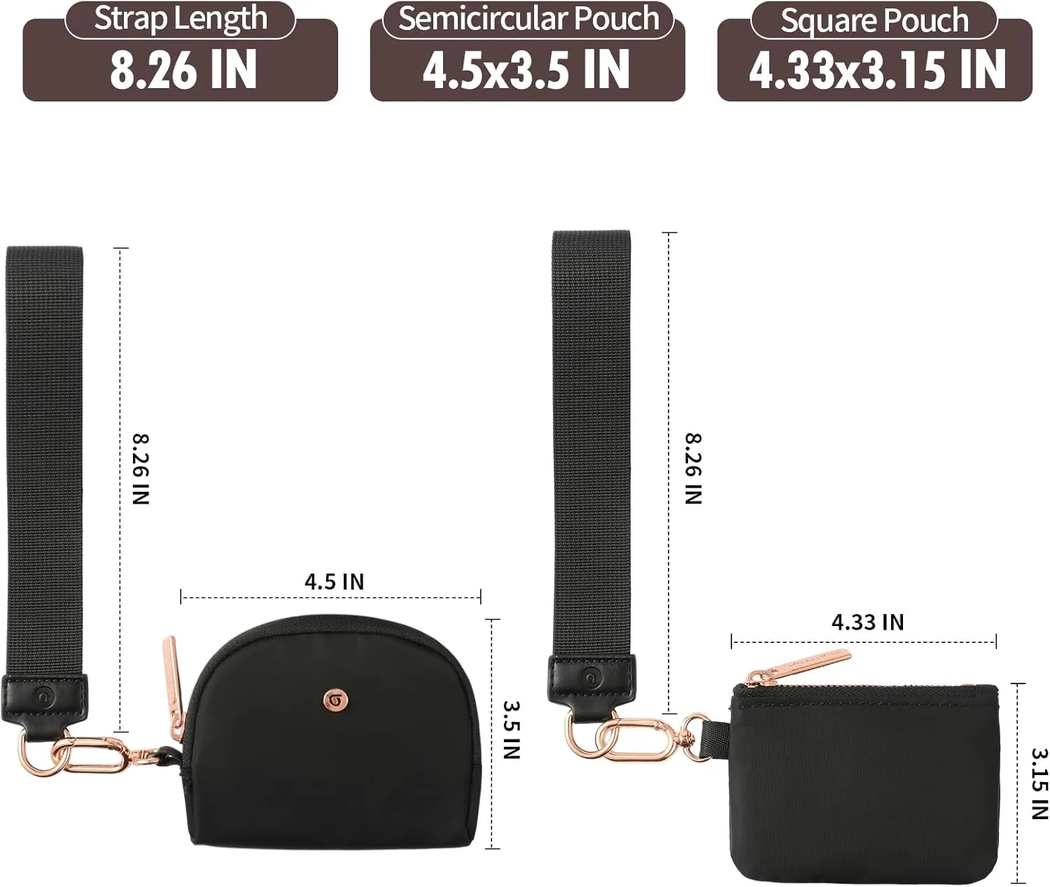 Keychain Wallet Mini Zip Around Wristlet Wallets for Women Detachable Dual Pouch Wristlet Portable Coin Purse Small Wallets With RFID Blocking (Black & Rose Gold Hardware)