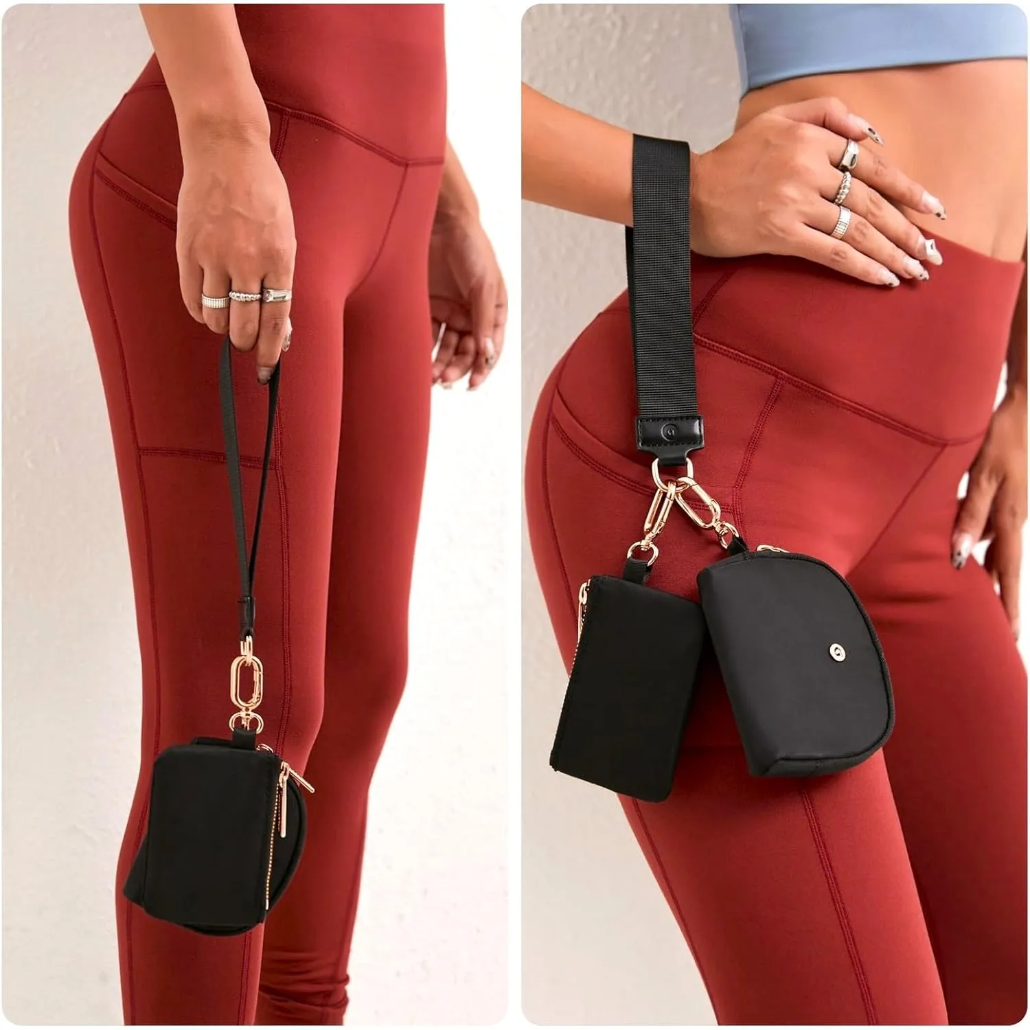 Keychain Wallet Mini Zip Around Wristlet Wallets for Women Detachable Dual Pouch Wristlet Portable Coin Purse Small Wallets With RFID Blocking (Black & Rose Gold Hardware)