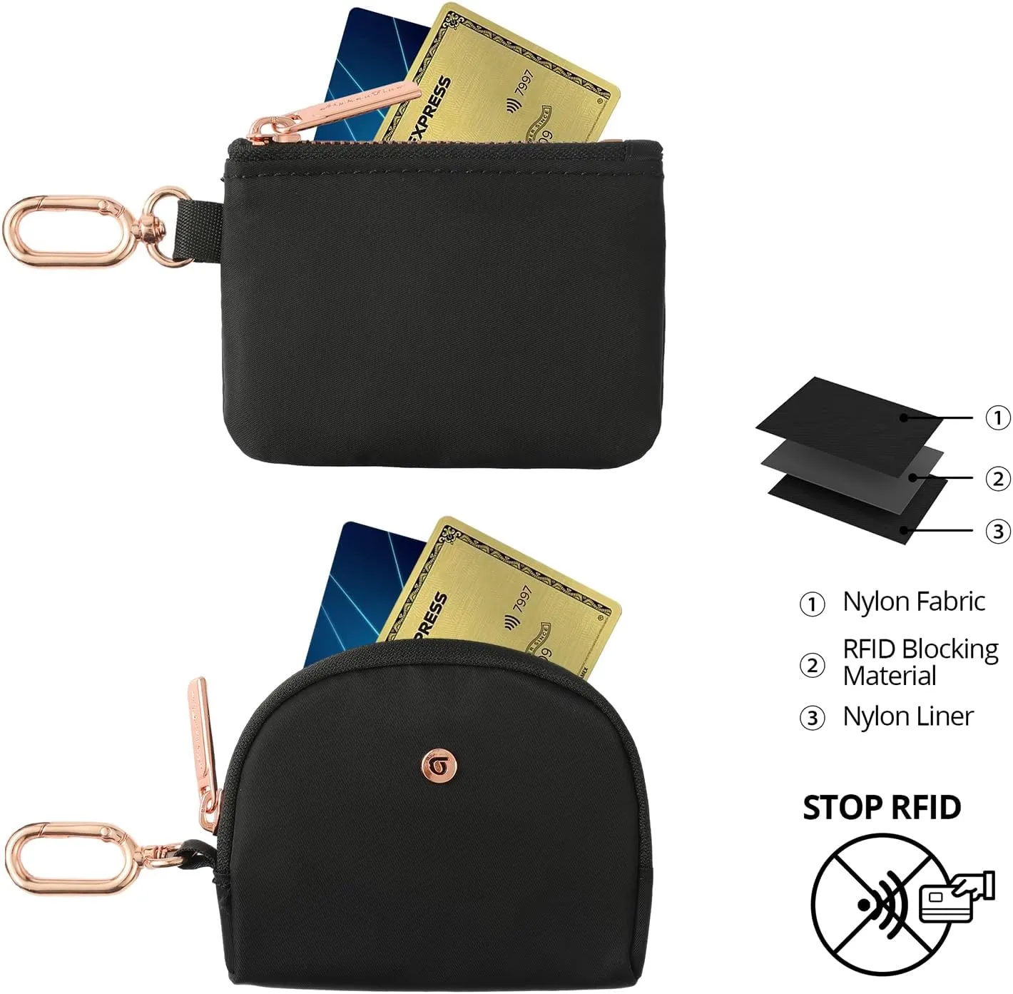 Keychain Wallet Mini Zip Around Wristlet Wallets for Women Detachable Dual Pouch Wristlet Portable Coin Purse Small Wallets With RFID Blocking (Black & Rose Gold Hardware)