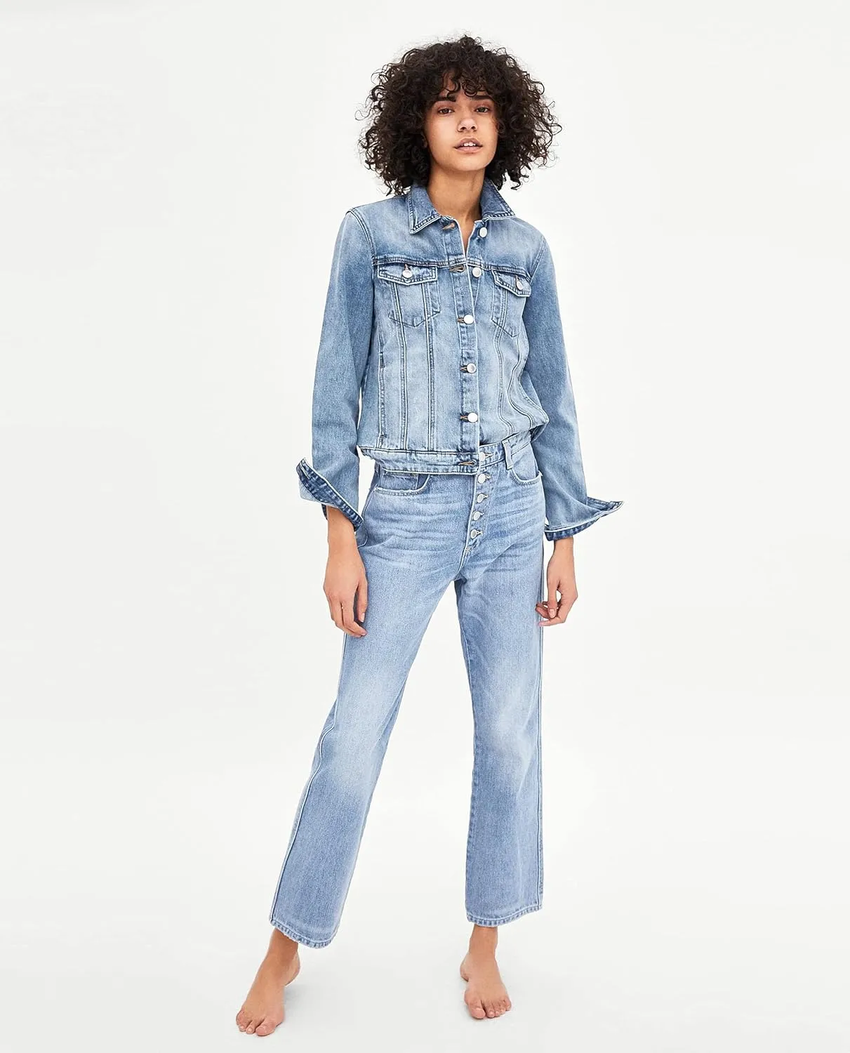 Khanomak Classic Denim Jean Buttoned Front Long Sleeve Basic Collar Cotton Jacket