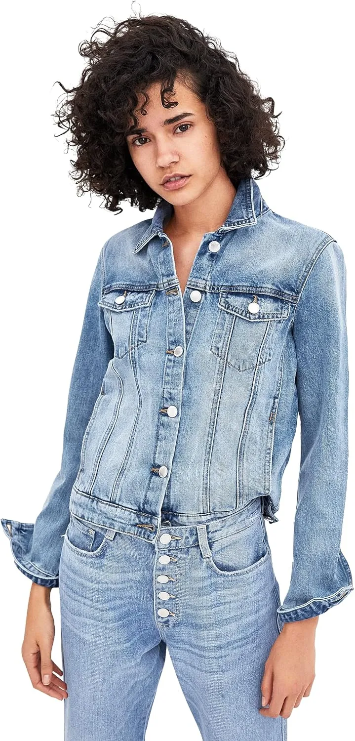 Khanomak Classic Denim Jean Buttoned Front Long Sleeve Basic Collar Cotton Jacket